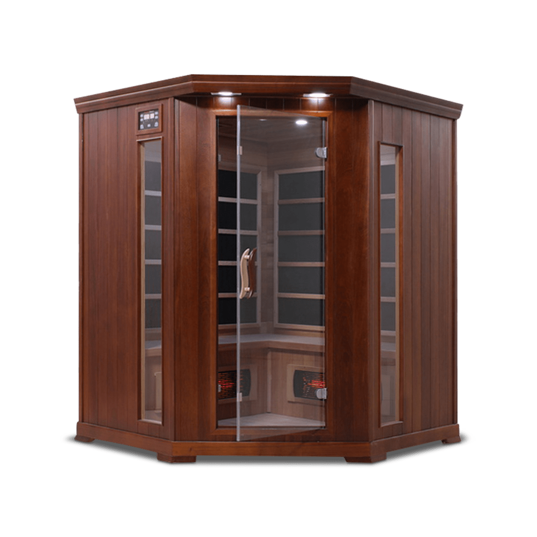 infrared sauna Healthsmart 4-person corner full spectrum model made from cedar, front view