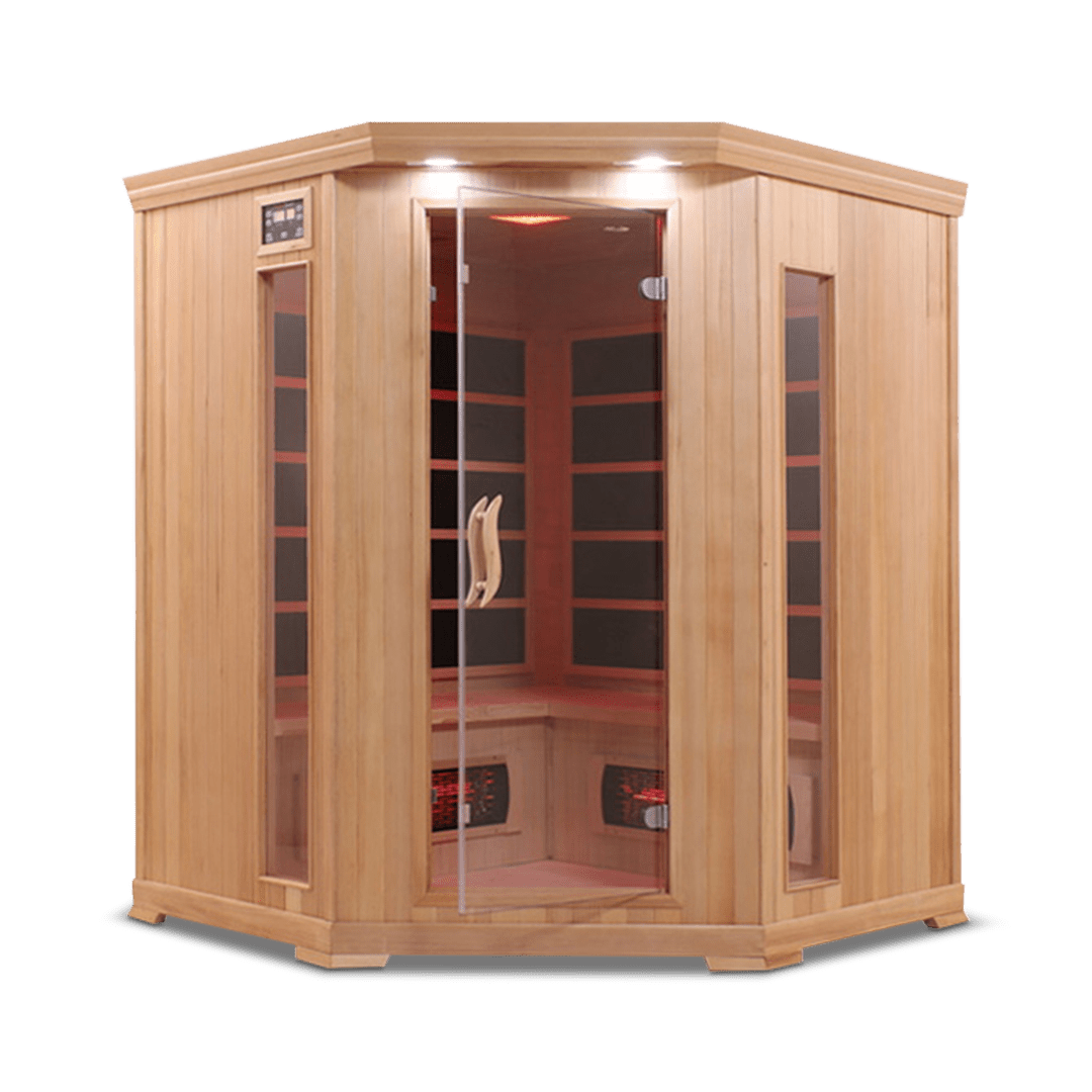 infrared sauna Healthsmart 4-person corner full spectrum model made from hemlock, front view