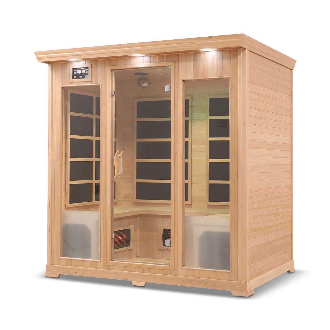 infrared sauna Healthsmart 4-person full spectrum model made from hemlock, angled front-right view