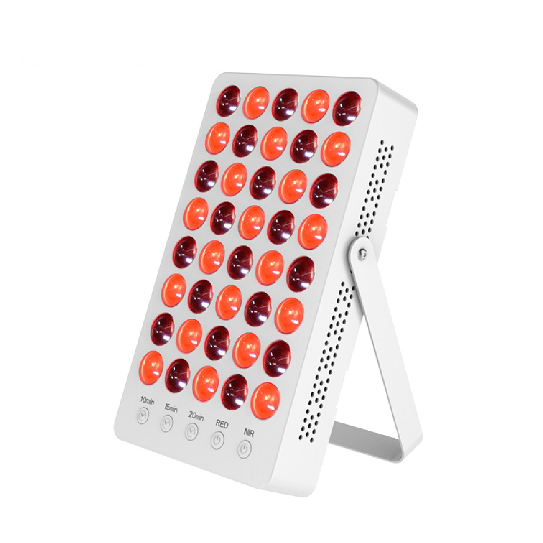 red light therapy Healthsmart mini tabletop panel with stand, angled front-right view