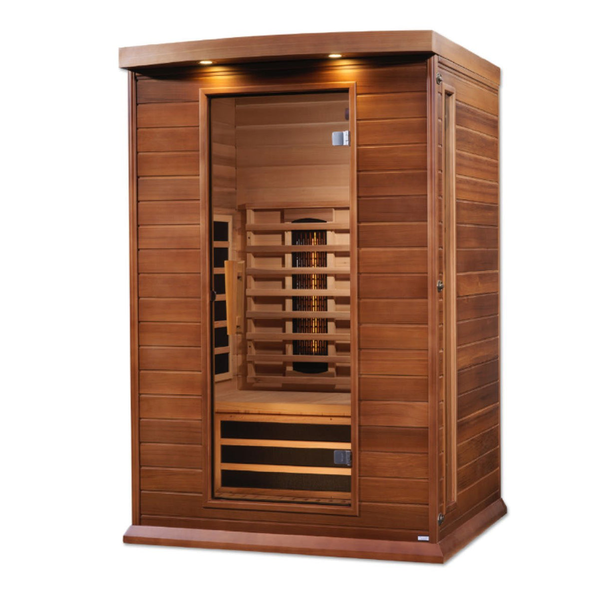 infrared sauna Maxxus 2-person full spectrum model made from Canadian red cedar, angled front-right view