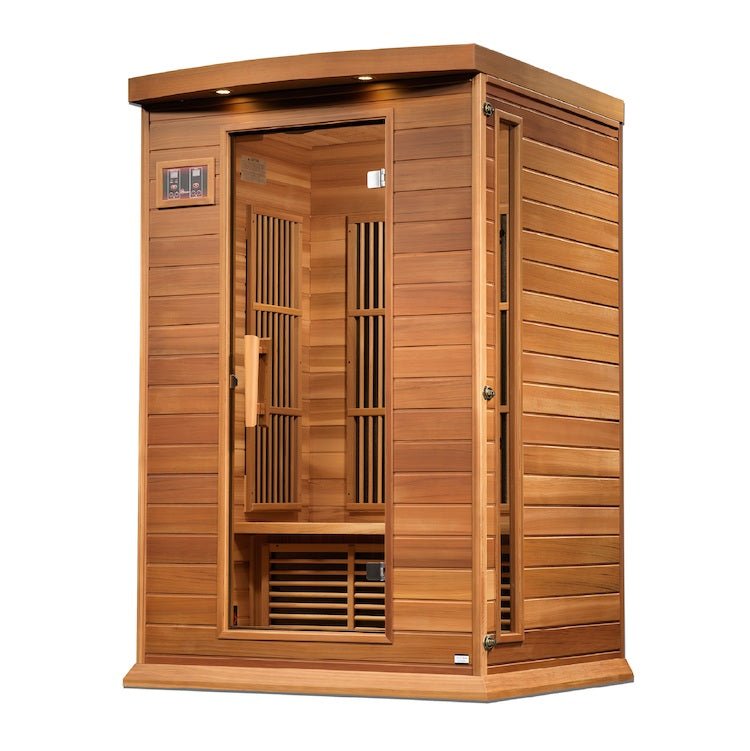 infrared sauna Maxxus 2-person near zero EMF far infrared model made from Canadian red cedar, angled front-right view