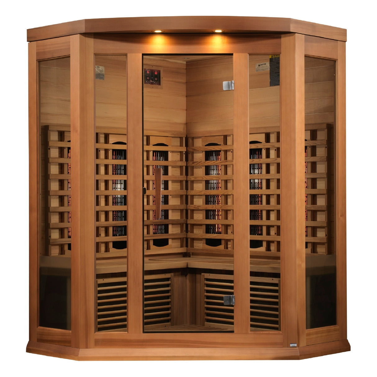 infrared sauna Maxxus 3-person corner full spectrum model made from Canadian red cedar, front view