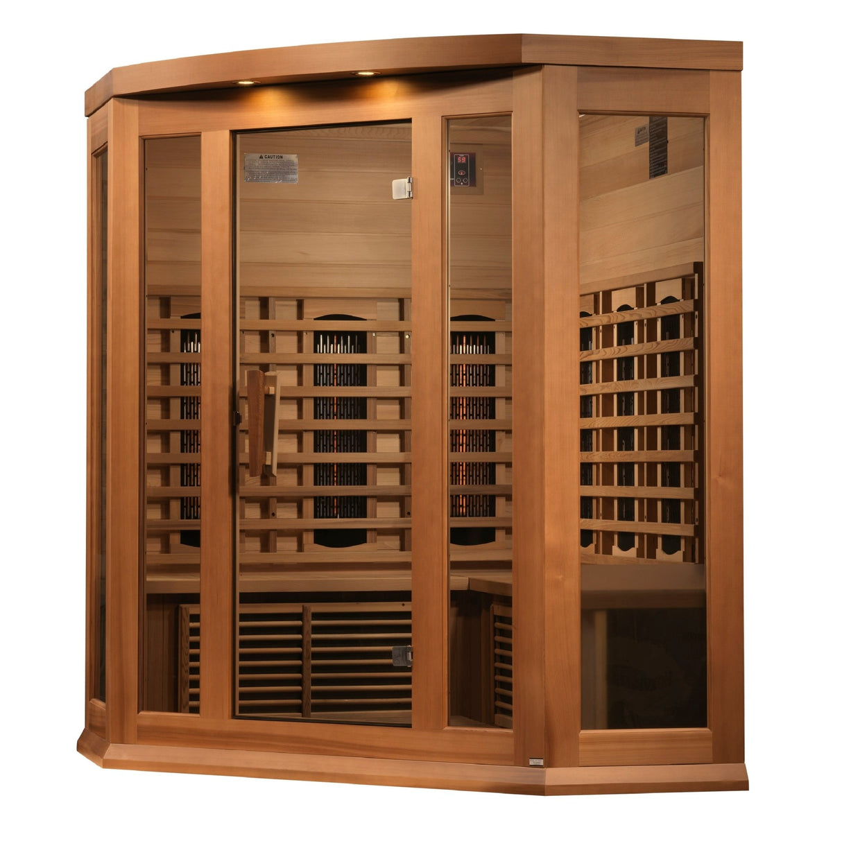 infrared sauna Maxxus 3-person corner full spectrum model made from Canadian red cedar, angled front-right view