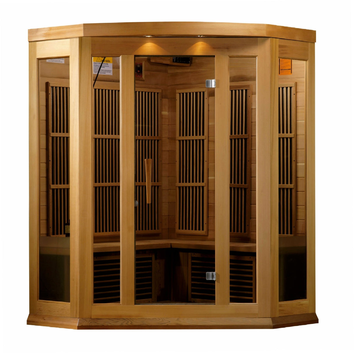 infrared sauna Maxxus 3-person corner low EMF far infrared model made from Canadian red cedar, front view