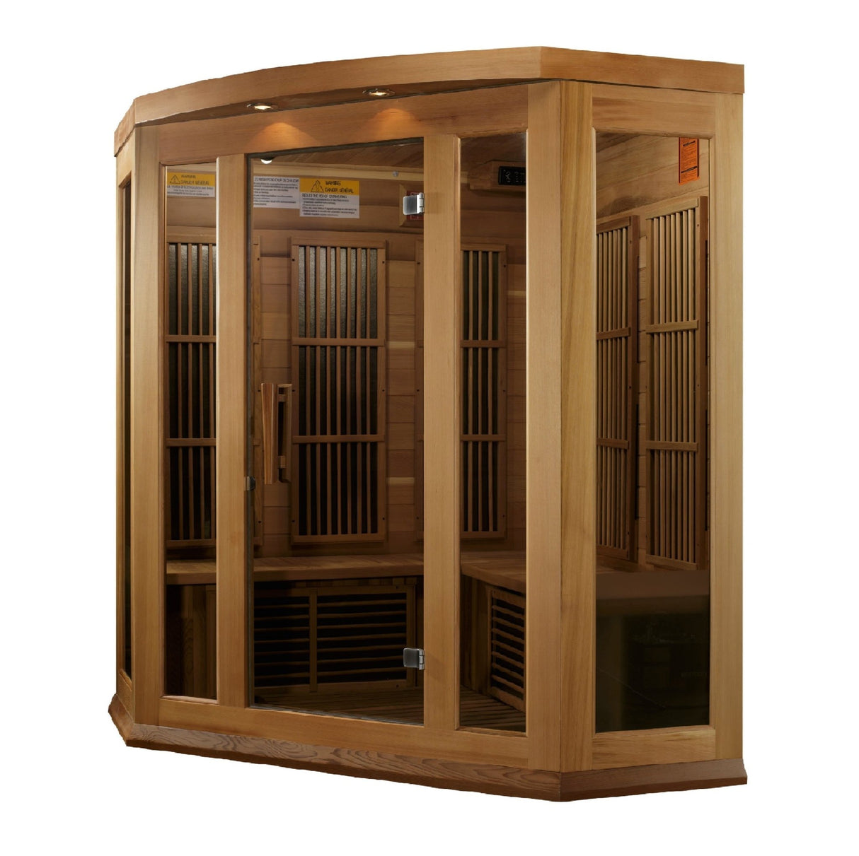 infrared sauna Maxxus 3-person corner low EMF far infrared model made from Canadian red cedar, angled front-right view