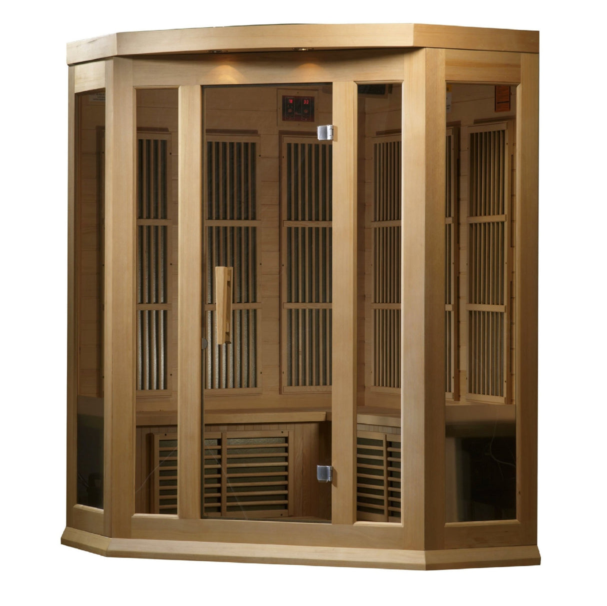 infrared sauna Maxxus 3-person corner low EMF far infrared model made from Canadian hemlock, angled front-right view