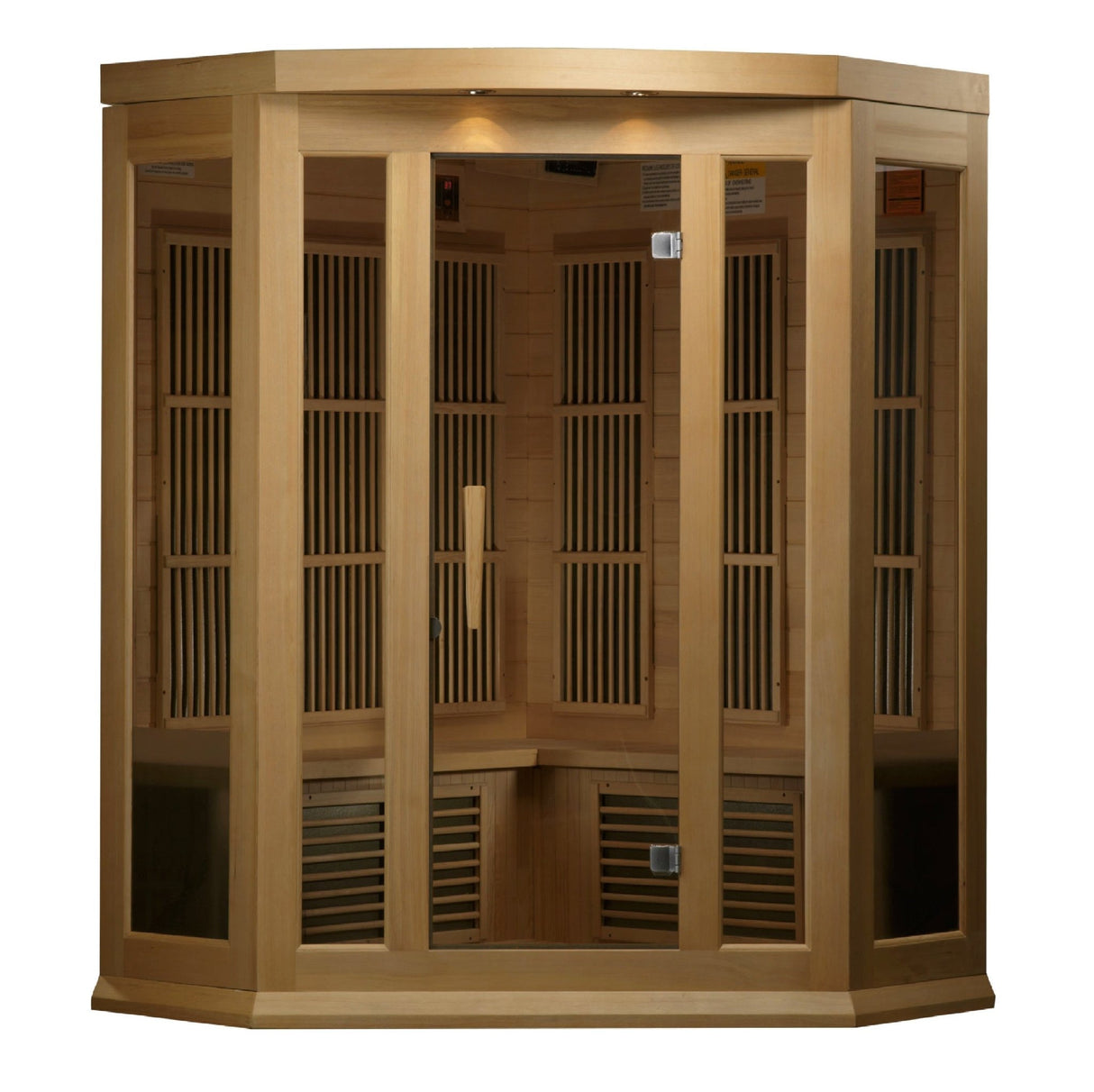 infrared sauna Maxxus 3-person corner low EMF far infrared model made from Canadian hemlock, front view
