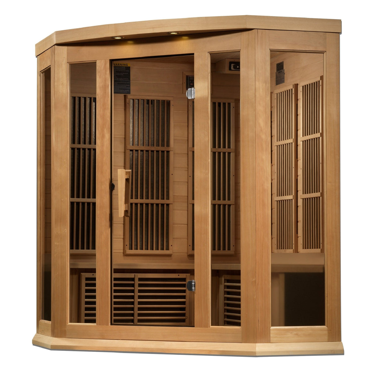 infrared sauna Maxxus 3-person corner near zero EMF far infrared model made from Canadian hemlock, angled front-right view