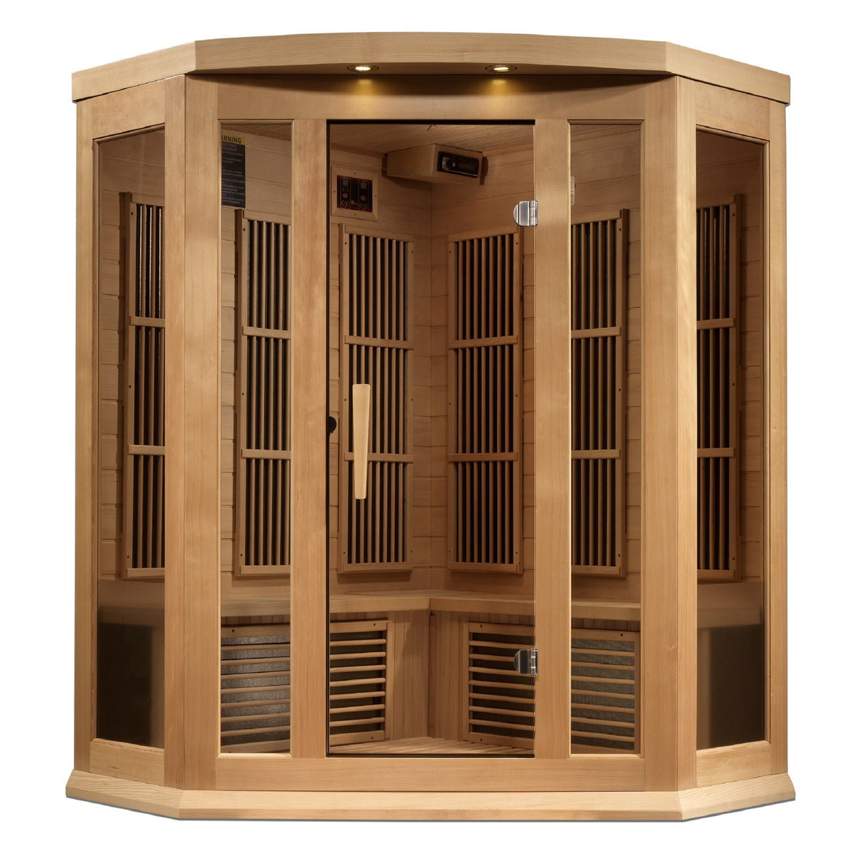 infrared sauna Maxxus 3-person corner near zero EMF far infrared model made from Canadian hemlock, front view