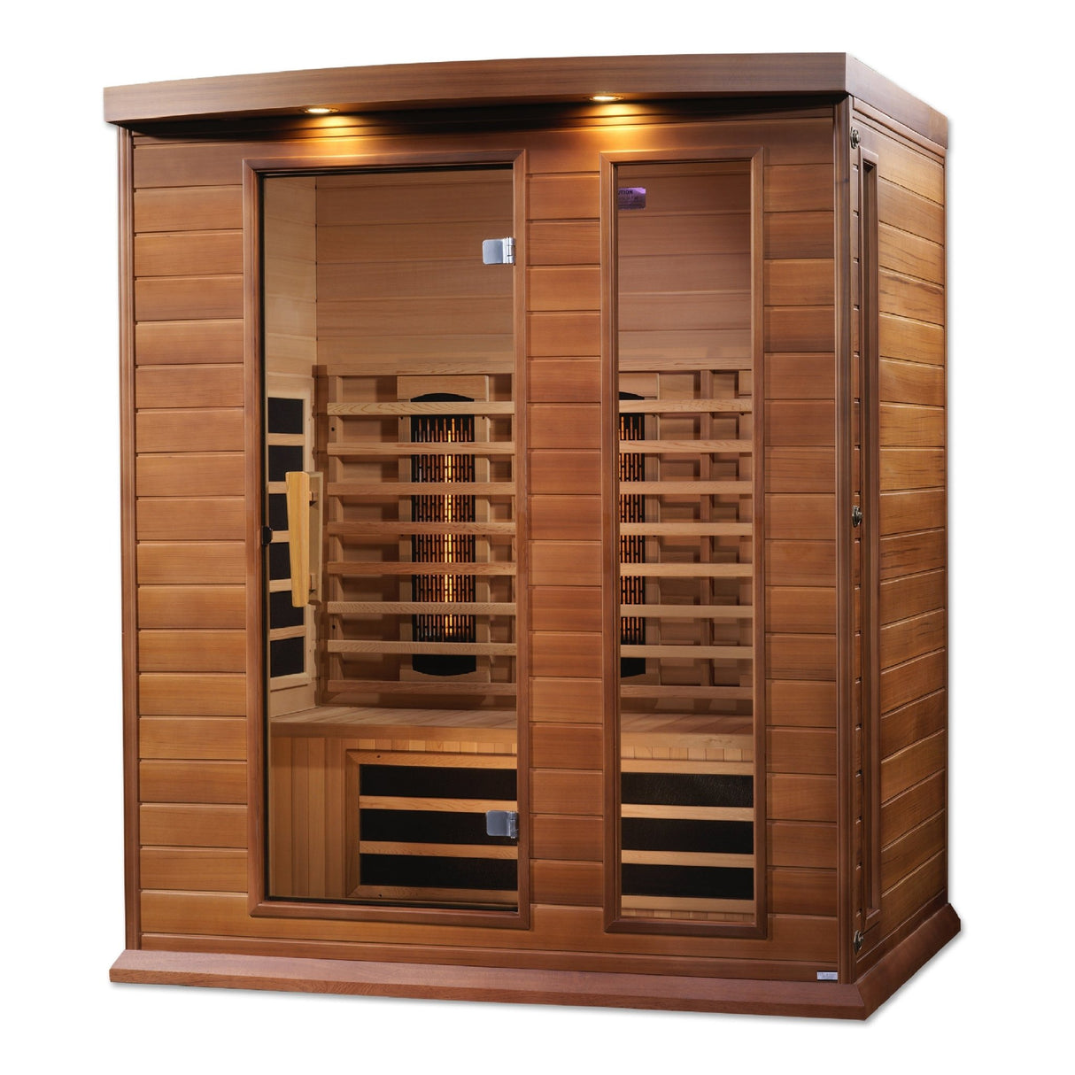 infrared sauna Maxxus 3-person full spectrum model made from Canadian red cedar, angled front-right view