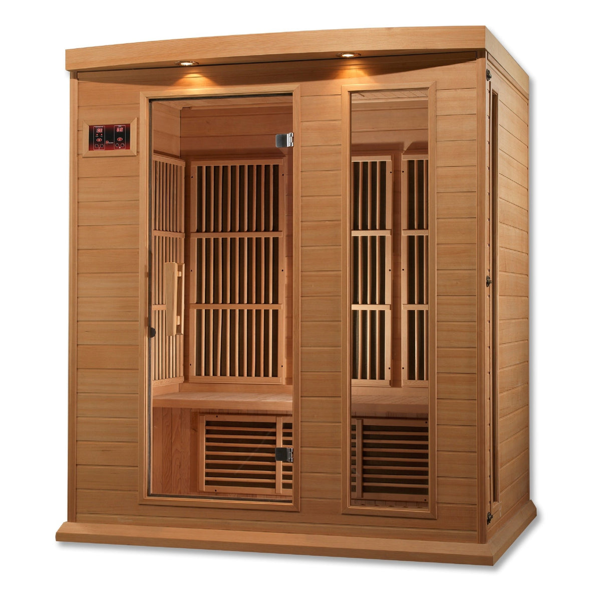 infrared sauna Maxxus 3-person low EMF far infrared model made from Canadian hemlock, angled front-right view