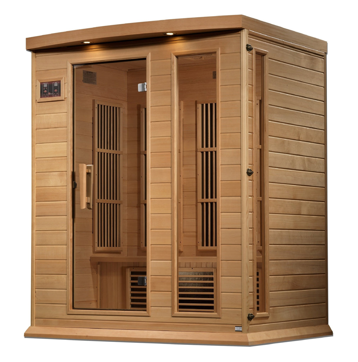 infrared sauna Maxxus 3-person near zero EMF far infrared model made from Canadian Hemlock, angled front-right view