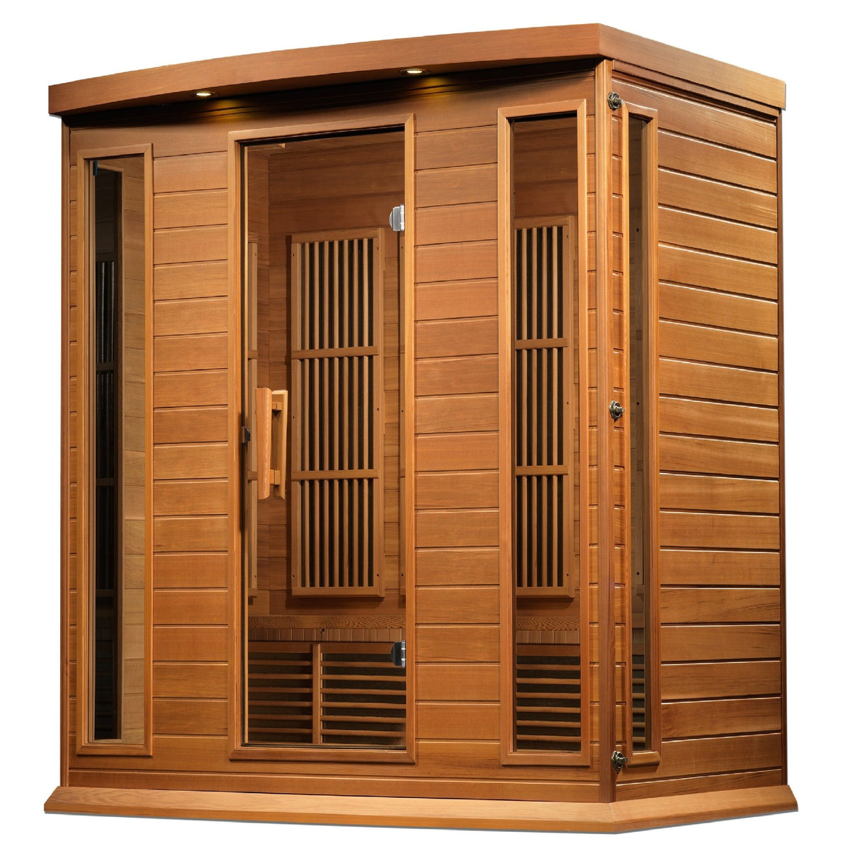 infrared sauna Maxxus 4-person low EMF far infrared model made from Canadian red cedar, angled front-right view