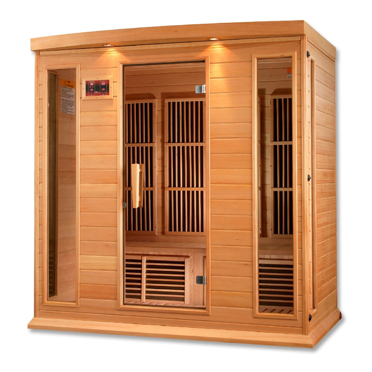 infrared sauna Maxxus 4-person low EMF far infrared model made from Canadian hemlock, angled front-right view