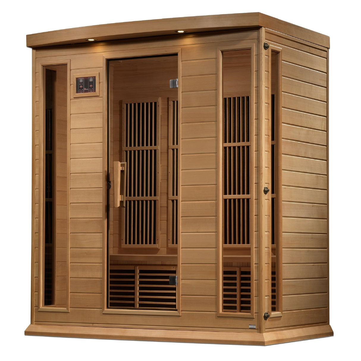 infrared sauna Maxxus 4-person near zero EMF far infrared model made from Canadian hemlock, angled front-right view