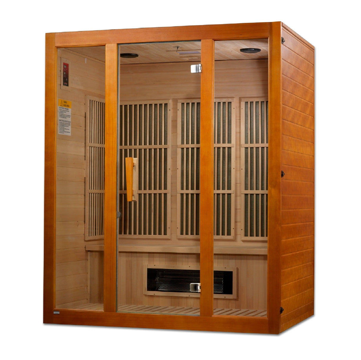 infrared sauna Maxxus Alpine dual-tech 3-person low EMF far infrared model made from Canadian hemlock, front-right view