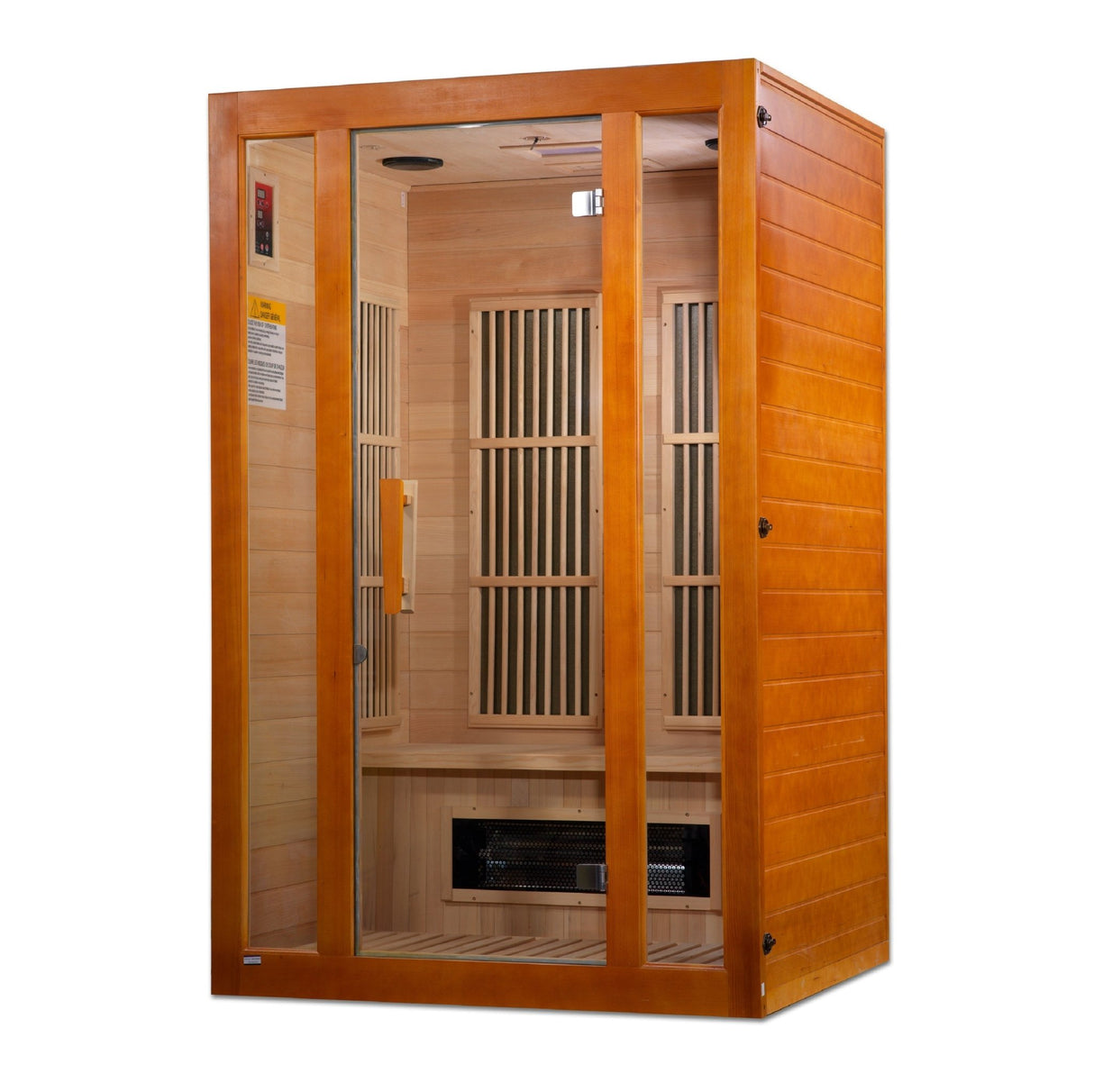infrared sauna Maxxus Aspen dual-tech 2-person low EMF far infrared model made from Canadian hemlock, front-right view