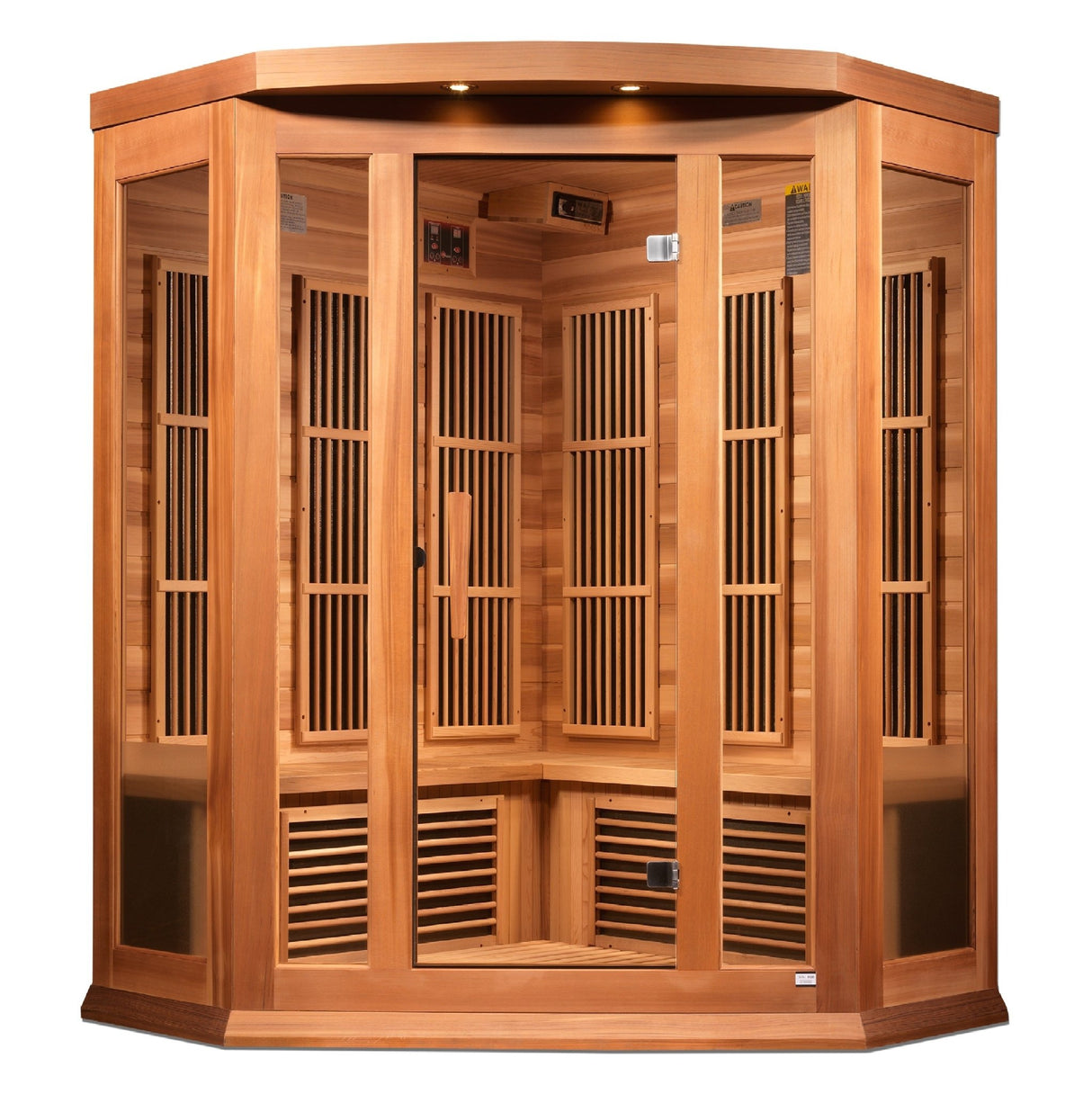 infrared sauna Maxxus Avignon 3-person corner near zero EMF far infrared model made from Canadian red cedar, front view
