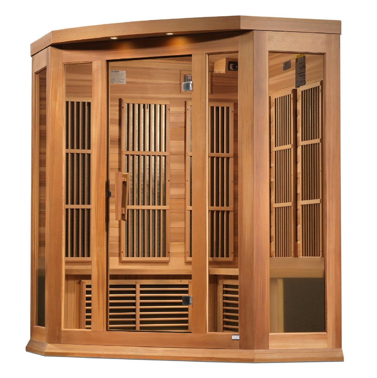 infrared sauna Maxxus Avignon 3-person corner near zero EMF far infrared model made from Canadian red cedar, front-right view