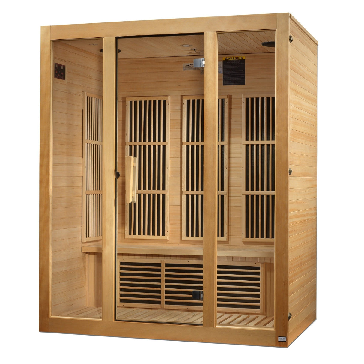 infrared sauna Maxxus Bellevue 3-person near zero EMF far infrared model made from Canadian hemlock, angled front-right view