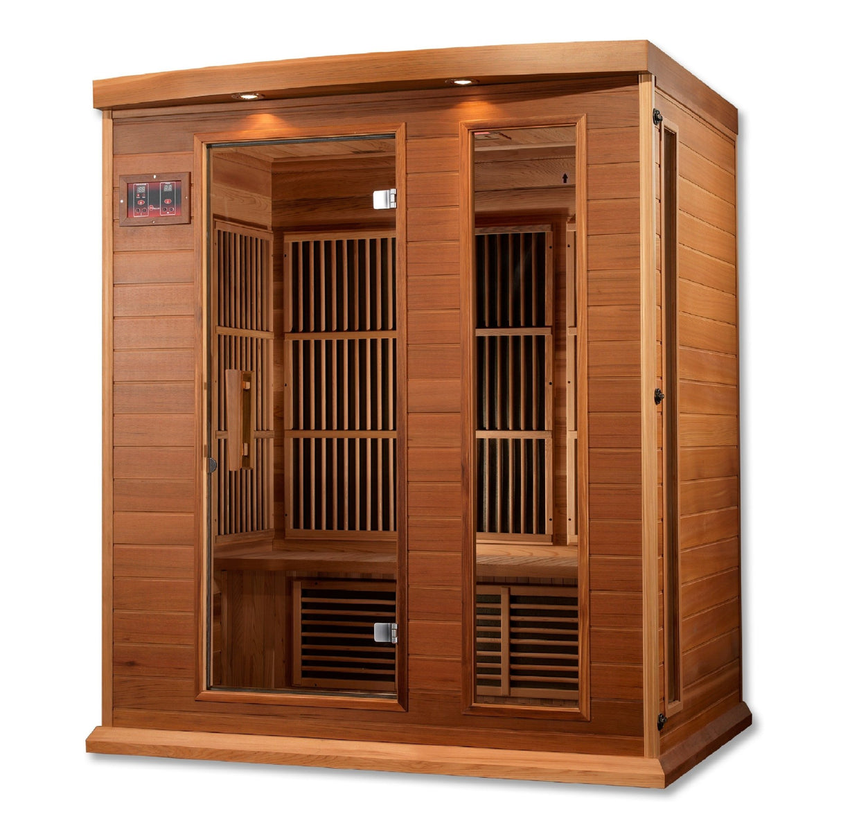 infrared sauna Maxxus Montilemar 3-person near zero EMF far infrared model made from Canadian red cedar, front-right view