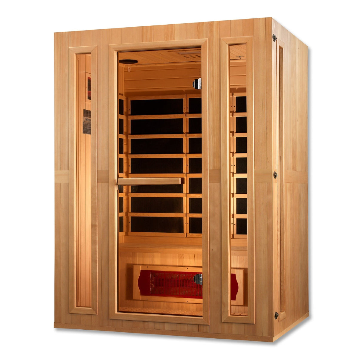 infrared sauna Maxxus Trinity dual tech 3-person low EMF far infrared model made of Canadian hemlock, angled front-right view