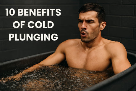 cold plunge benefits blog post hero image showing athlete recovering in cold plunge tub breathing deeply with focused expression