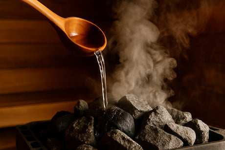 traditional sauna ladle pouring water over hot rocks with steam rising, close-up view inside wood-lined sauna