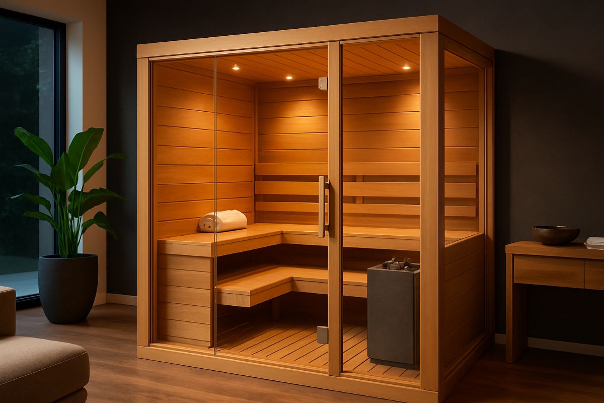 3-person indoor traditional hemlock sauna with glass door in modern home