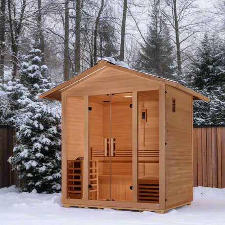 outdoor saunas collection cover hemlock sauna with glass front in snowy backyard, diagonal exterior view