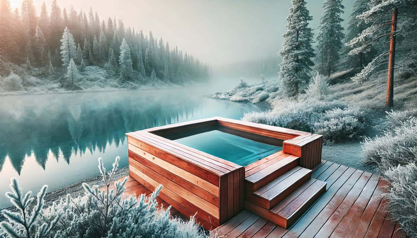 cold plunge tub homepage banner open air wooden ice bath beside a lake and snowy forest