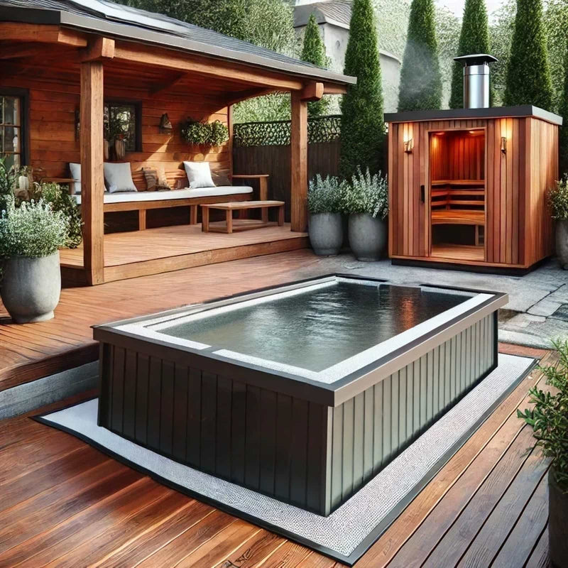 outdoor sauna and cold plunge in backyard, homepage contrast therapy image promoting recovery