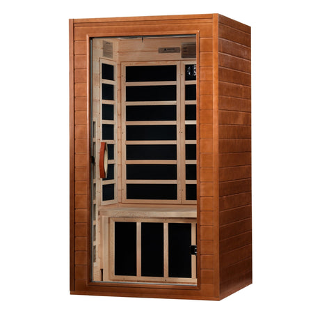 infrared sauna Dynamic Avila 1 to 2 person low EMF far infrared model made from Canadian hemlock, angled front-right view