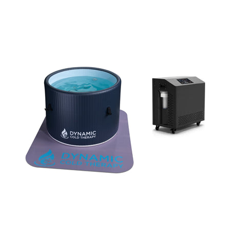 cold plunge Dynamic Cold Therapy inflatable barrel model with 0.6 HP chiller unit and anti-slip mat, front-right view
