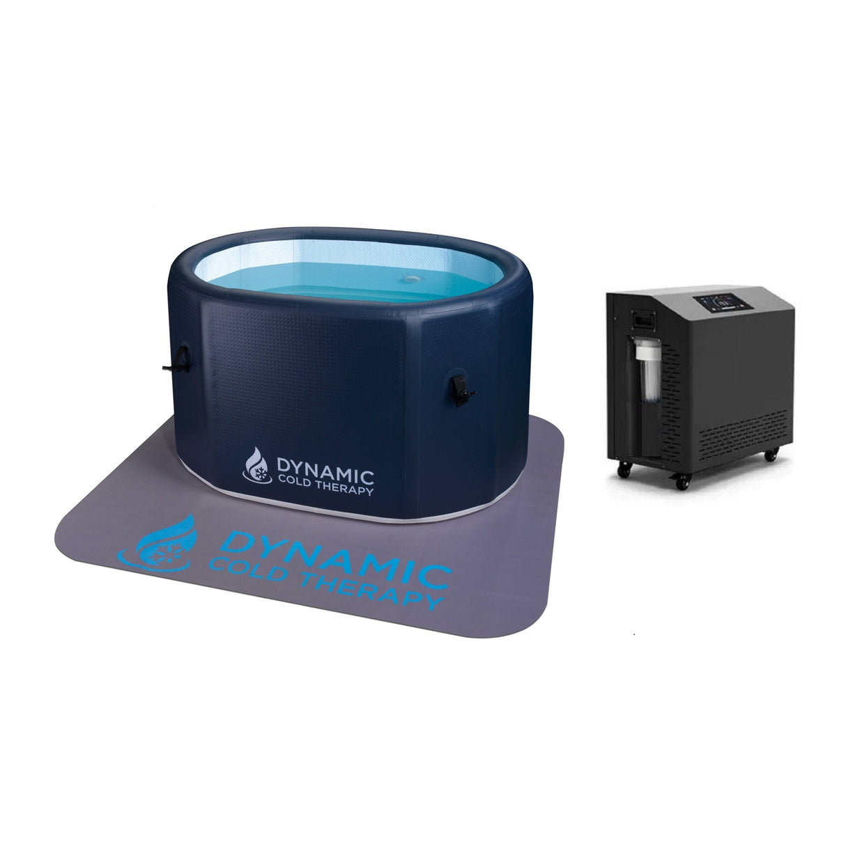cold plunge Dynamic Cold Therapy inflatable tub with 0.6 HP chiller unit and anti-slip mat, front-right view