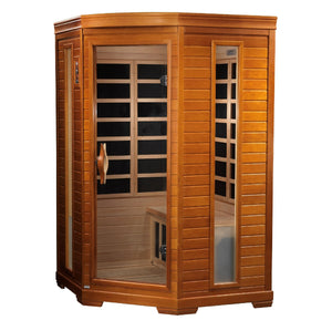 infrared sauna Dynamic Heming 2-person corner low EMF far infrared model made from Canadian hemlock, angled front-right view