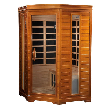 infrared sauna Dynamic Heming 2-person corner low EMF far infrared model made from Canadian hemlock, angled front-right view