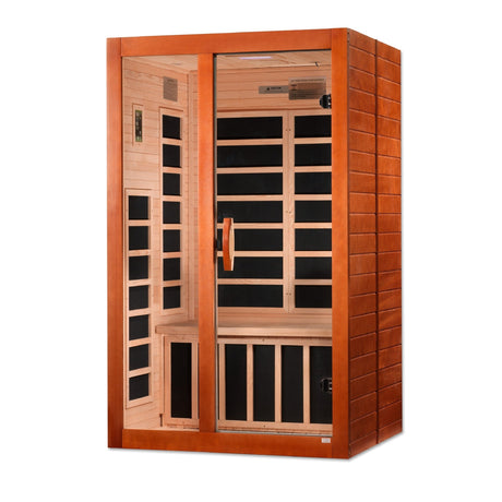 infrared sauna Dynamic Santiago Elite 2-person ultra low EMF far infrared model made from Canadian hemlock, front-right view