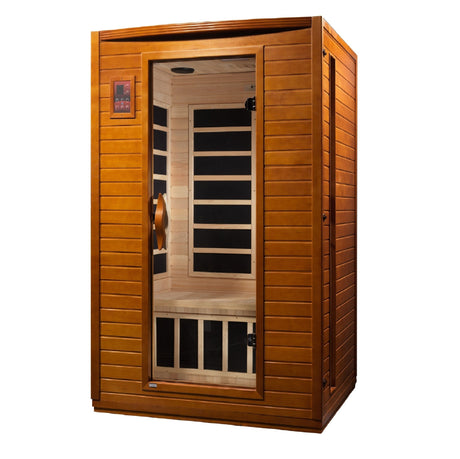 infrared sauna Dynamic Versailles 2-person low EMF far infrared model made from Canadian hemlock, angled front-right view