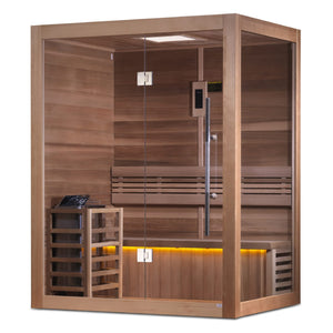 home sauna Golden Designs Hanko Edition 2-person traditional cedar model, angled front-right view
