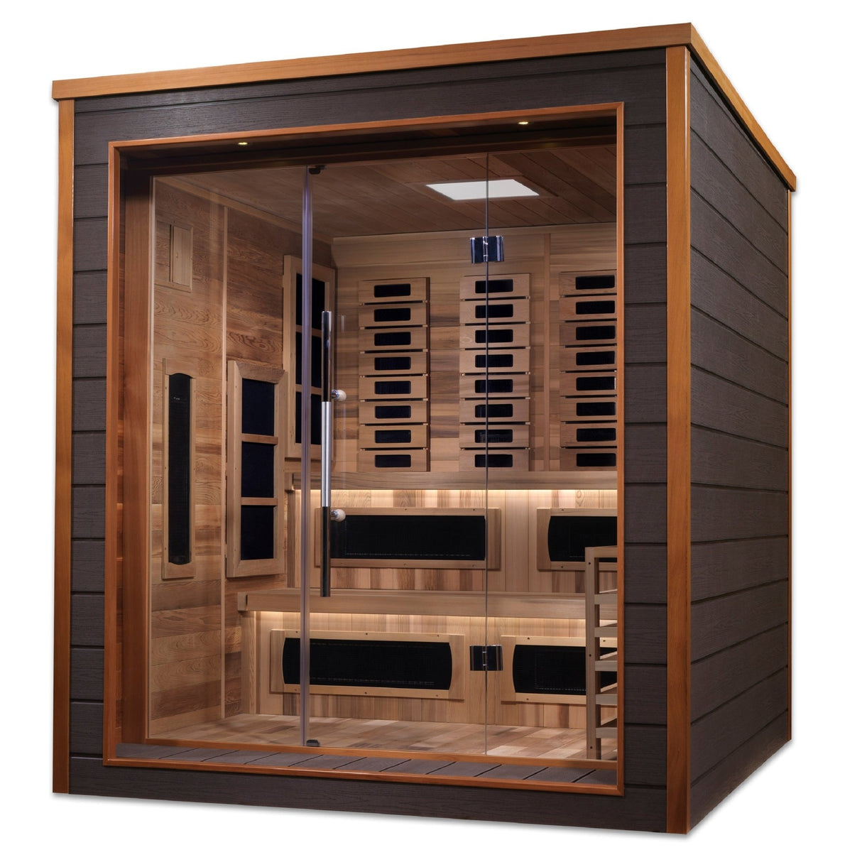 home sauna Golden Designs Karlstad 6-person full spectrum hybrid model with cedar interior, angled front-right view