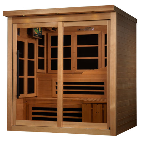 infrared sauna Golden Designs Monaco Limited Edition 6-person near zero EMF far infrared model, angled front-right view