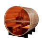 barrel sauna Golden Designs Zurich 4-person outdoor cedar model with panoramic bronze privacy glass, angled rear-right view