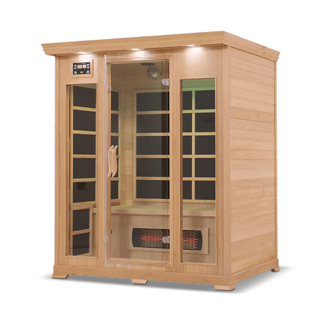 infrared sauna Healthsmart 3-person full spectrum model made from hemlock, angled front-right view