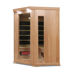 infrared sauna Healthsmart 4-person corner full spectrum model made from hemlock, angled front-right view