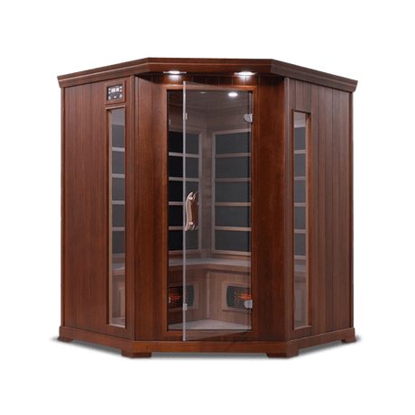 infrared sauna Healthsmart 4-person corner full spectrum model made from cedar, front view