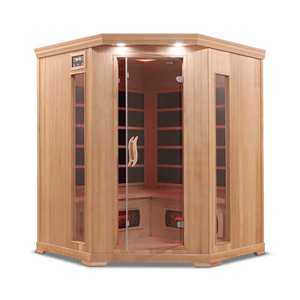 infrared sauna Healthsmart 4-person corner full spectrum model made from hemlock, front view