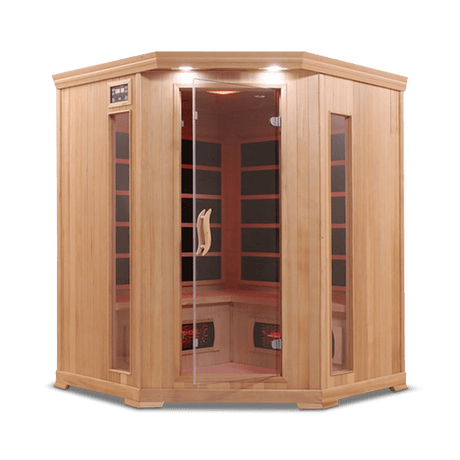 infrared sauna Healthsmart 4-person corner full spectrum model made from hemlock, front view