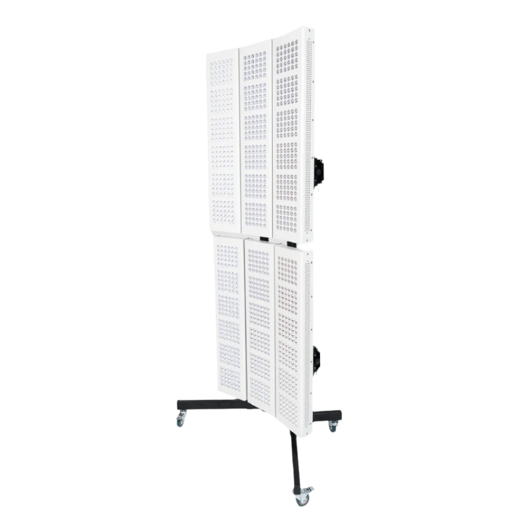 red light therapy Healthsmart 6-panel tower bundle on wheels, angled front-right view